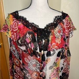 Dolce &Gabbana silk blouse top sz 48 USA Sz 12/14 off the shoulder lace inserts